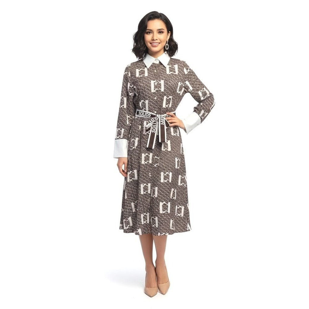 Sollinarry Shirt Dress All Over Print Button Up Belted Midi Elegant Chic NEW